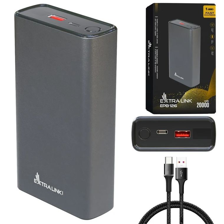 Extralink, powerbank, 45W PD, USB-C, 20000mAh, srebrny, EPB-126