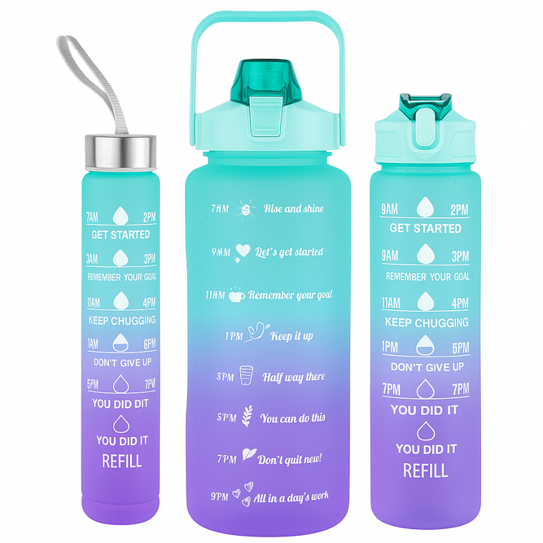 Extralink, zestaw, bidon motywacyjny 3w1, błękit-fiolet, 2000 ml + 900 ml + 300 ml