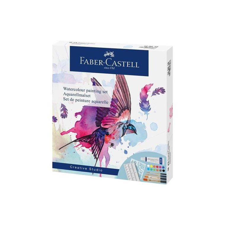 Faber-Castell, Creative Studio, zestaw: farby akwarelowe, 12 kolorów + pędzle syntetyczne, 4 szt.