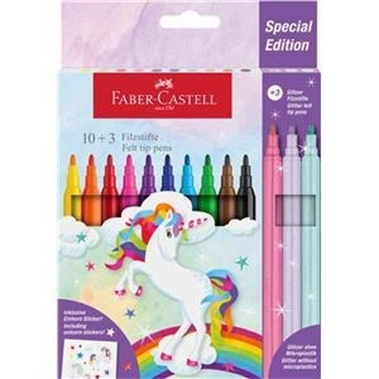 Faber-Castell, flamastry, zamek, jednorożec, 10 kolorów + 3 kolory pastelowe + naklejki
