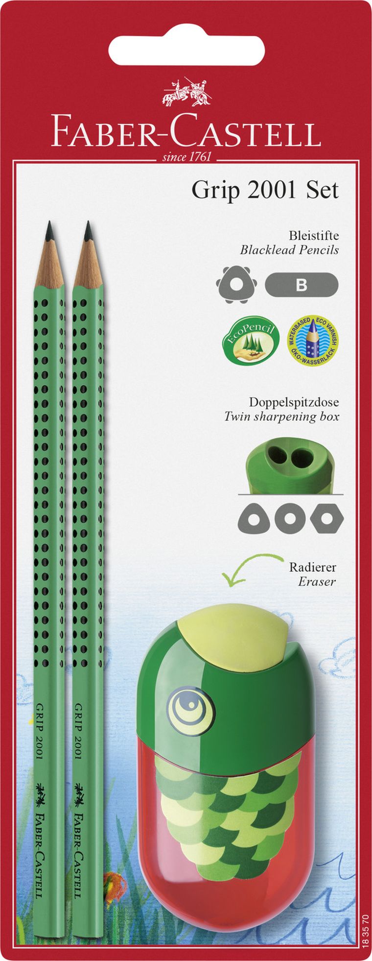 Faber-Castell, Grip 2001 Set, 2x ołówek + Animal, temperówka z gumką