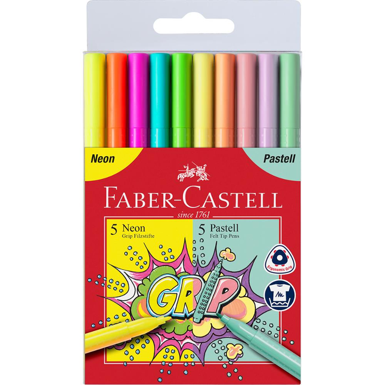 Faber-Castell, Grip, flamastry, etui, 5 kolorów neonowych + 5 kolorów pastelowych
