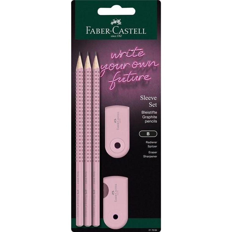 Faber-castell, Grip, zestaw: 3 ołówki + gumka i temperówka, różowy