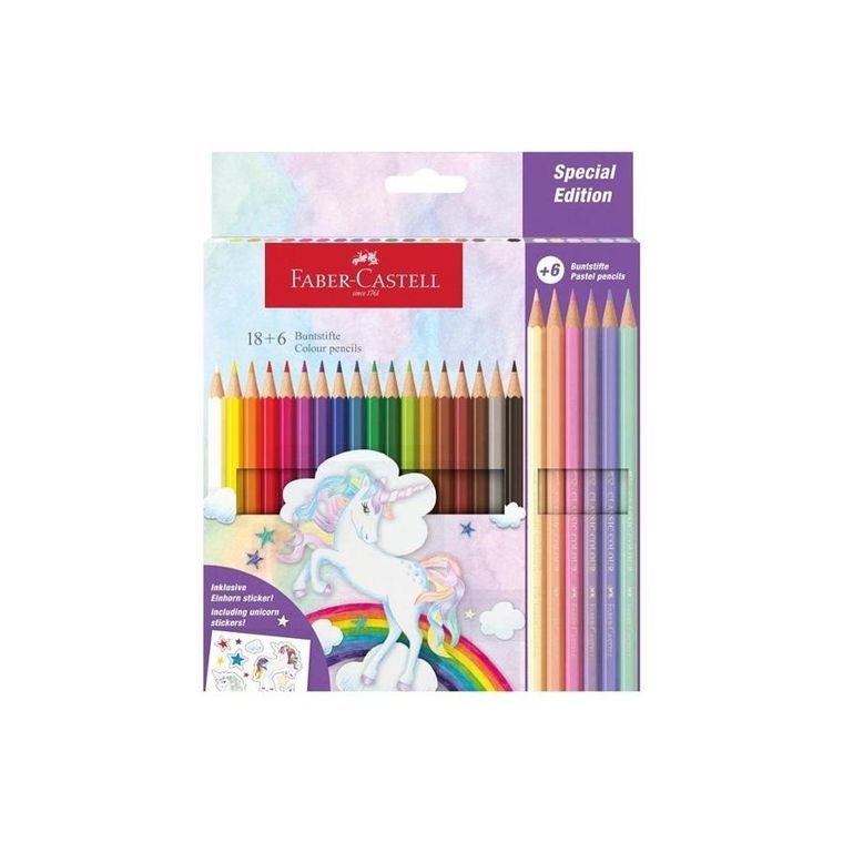 Faber-Castell, kredki sześciokątne, jednorożec, 18 kolorów + 6 kolorów pastelowych + naklejki