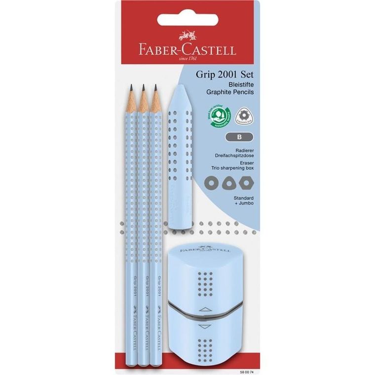 Faber-Castell, ołówek z gumką + temperówka, błękitny, 3 szt.
