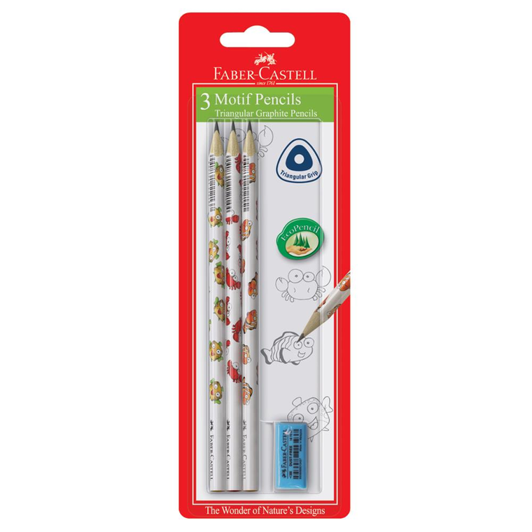 Faber-Castell, ołówki trójkątne, morski świat, gumka, 3 szt.