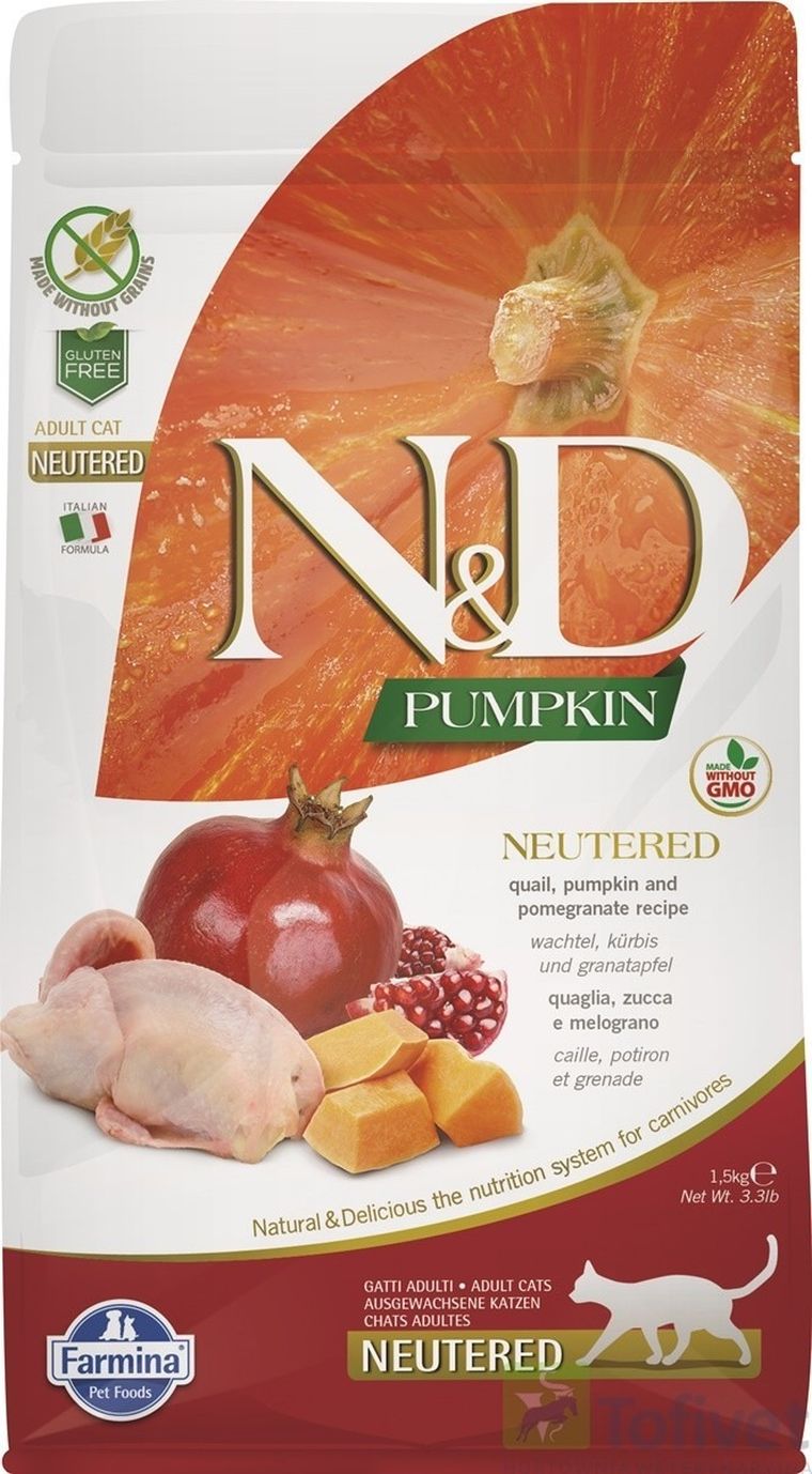 Farmina, N&D Pumpkin, karma bezzbożowa dla kotów po sterylizacji, dynia, przepiórka, granat, 5 kg