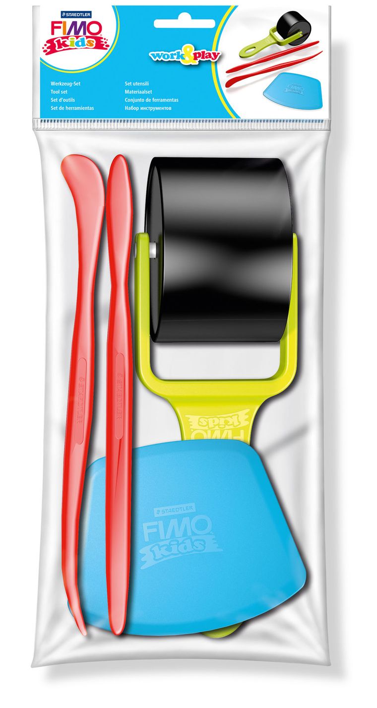 Fimo Kids Work&Play, wałeczek, szpatułki, nożyk, zestaw narzędzi