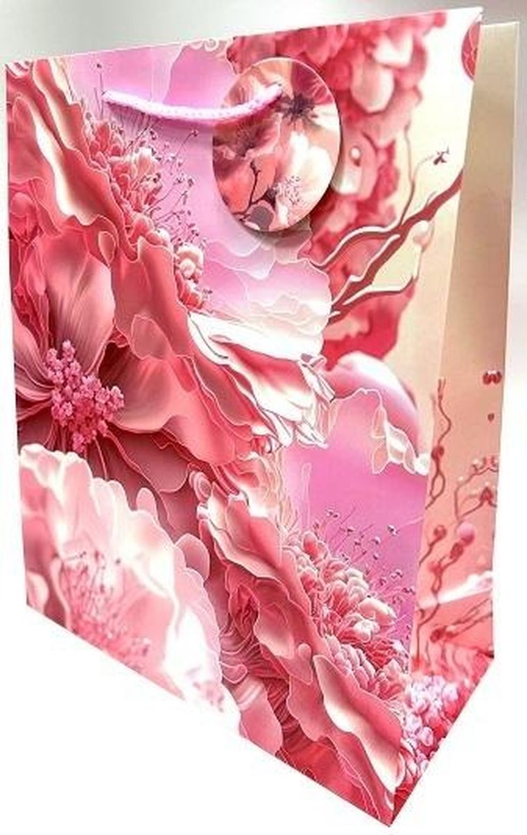 Fresh, torebka prezentowa, matowa, różowe kwiaty, 26-32-12 cm