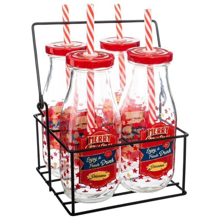 Fééric Lights and Christmas, komplet świąteczny Merry x-mass: 4x słoik, słomka, metalowy stojak, czerwony