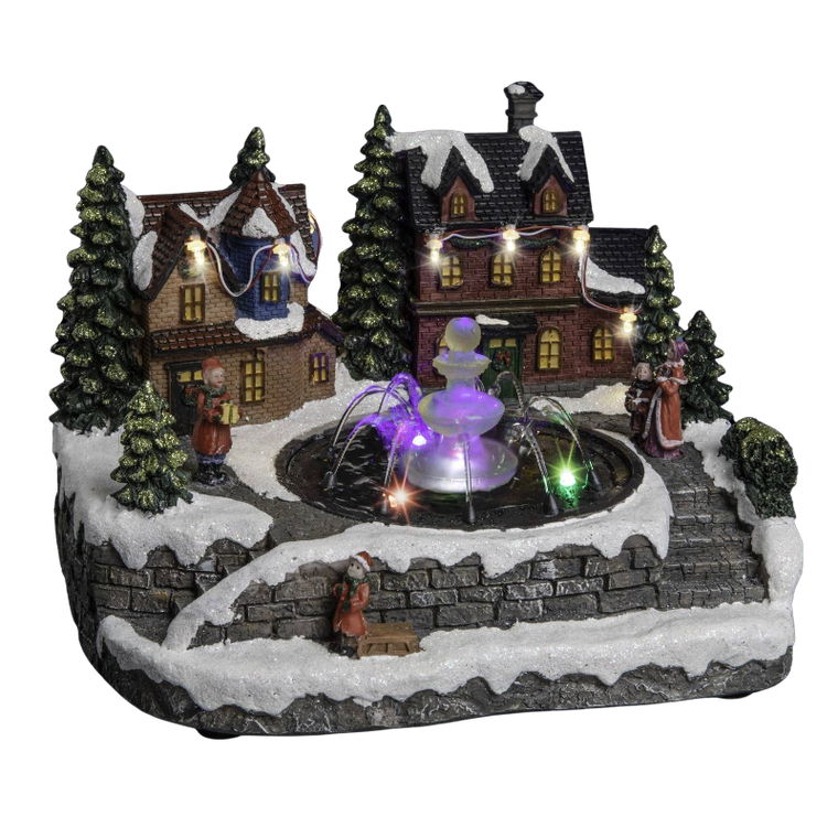 Fééric Lights and Christmas, szopka bożonarodzeniowa, zimowa wioska z fontanną, z podświetleniem LED