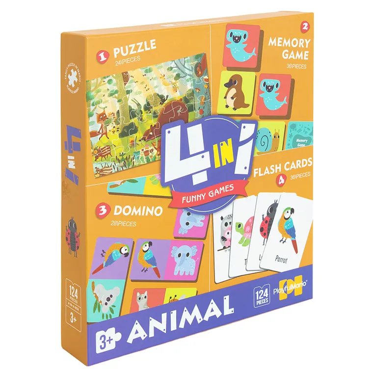 Funny Gamers, Animal, zestaw 4w1, puzzle + memory + domino + fiszki, 124 elementy