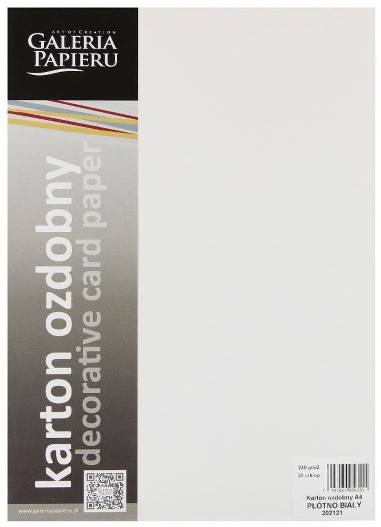 Galeria Papieru, karton ozdobny A4, biały, płótno, 240g, 20 arkuszy