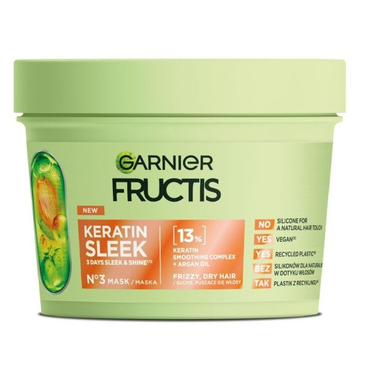 Garnier, Fructis Keratin, Sleek, maska do włosów suchych i puszących się, 370 ml