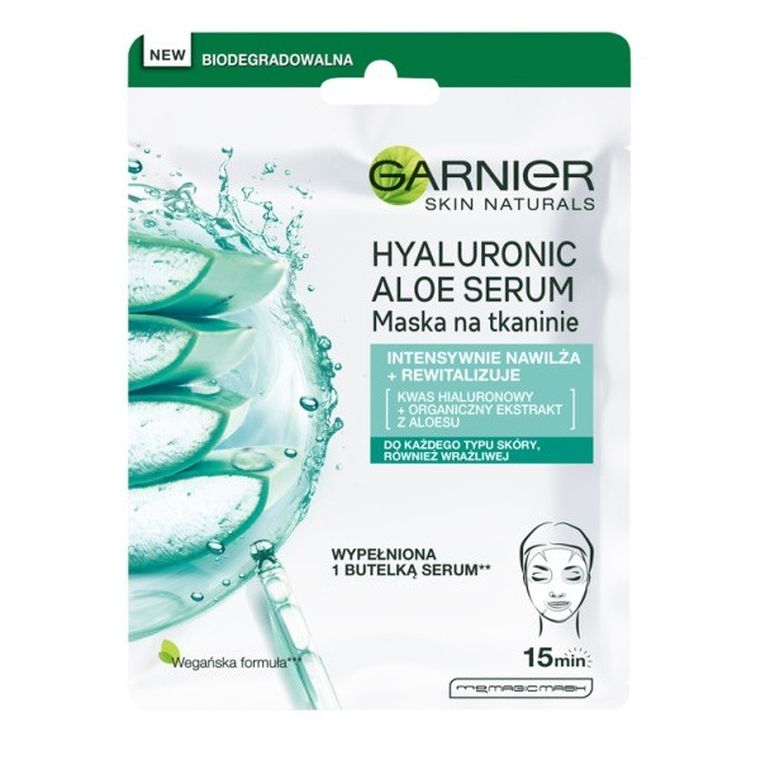 Garnier, Hyaluronic Aloe, serum, rewitalizująca maska na tkaninie z kwasem hialuronowym i organicznym ekstraktem z aloesu, 28 g