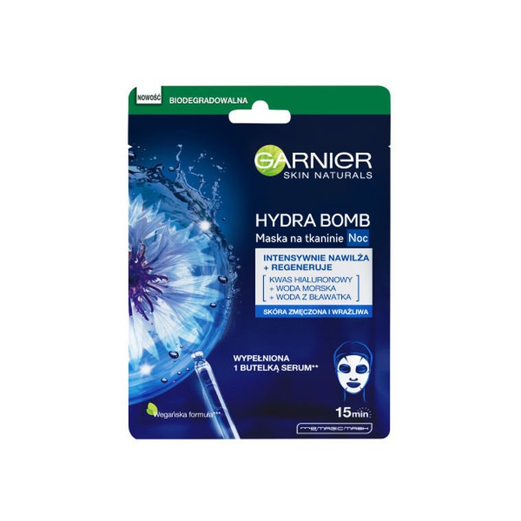 Garnier, Hydra Bomb, regenerująca maska na tkaninie na noc z wodą z bławatka, 28 g