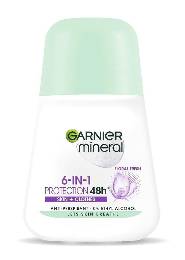 Garnier, Mineral, dezodorant roll-on, 6in1 Protection 48h floral Fresh, skin+clothes, 50 ml