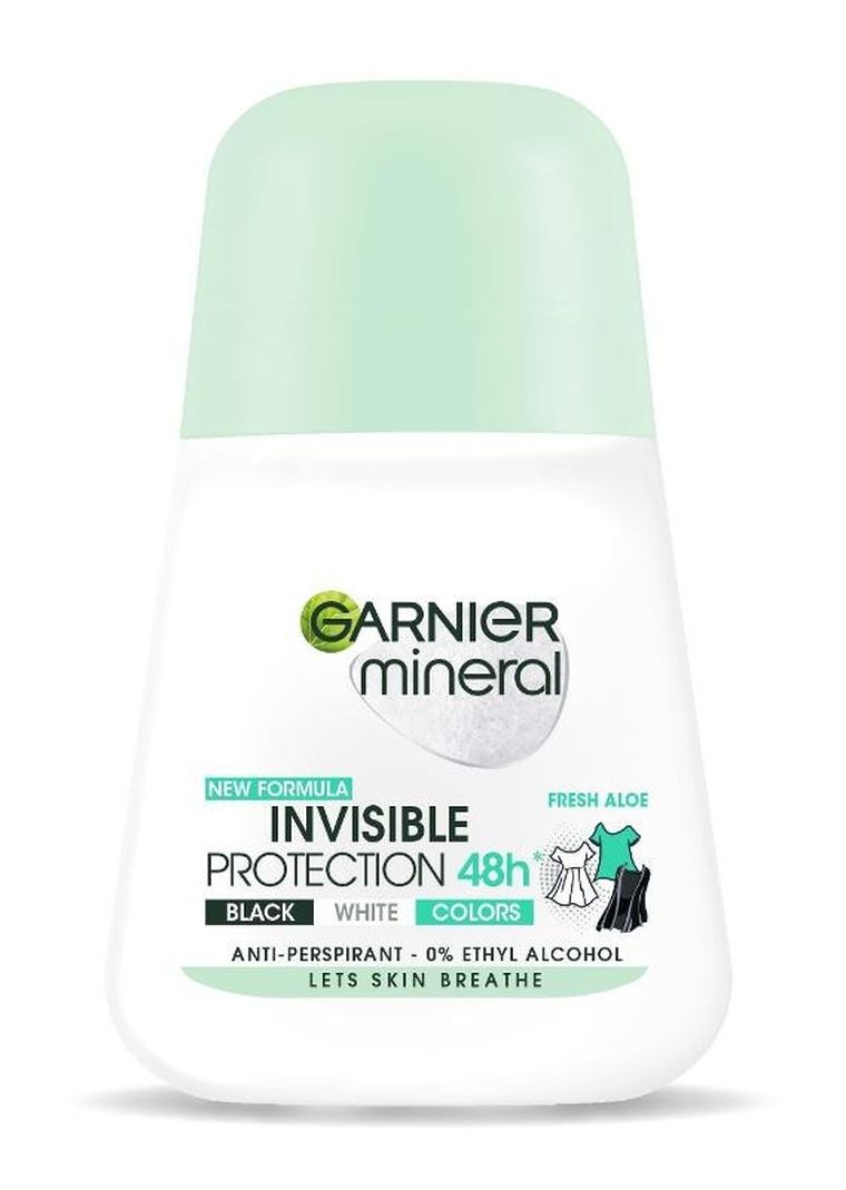 Garnier, Mineral, dezodorant roll-on, Invisible Protection 48h Fresh aloe, Black, White, Colors, 50 ml