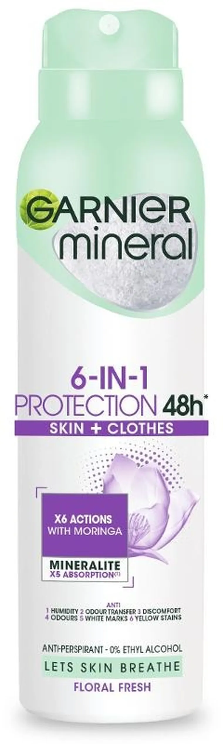 Garnier, Mineral, dezodorant, spray 6in1 Protection 48h floral Fresh, skin+clothes, 150 ml