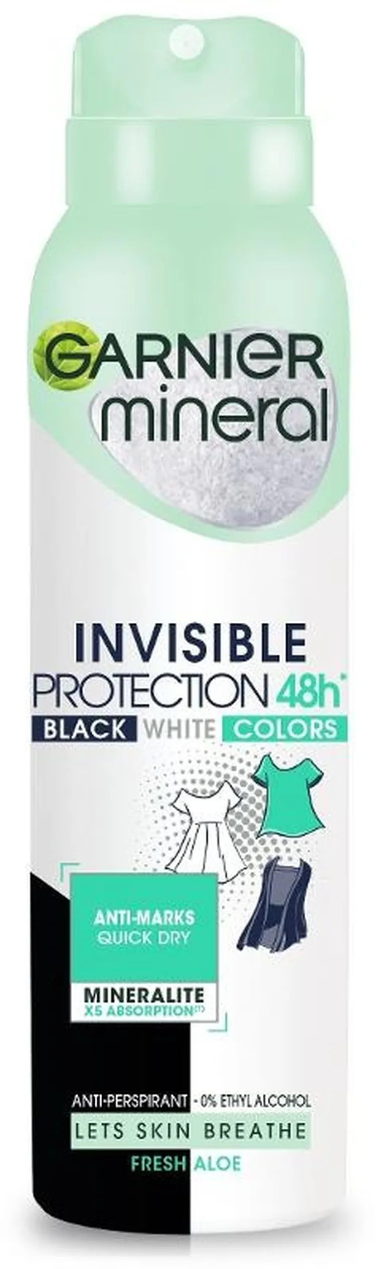 Garnier, Mineral, dezodorant, spray, Invisible Protection 48h Fresh aloe, Black, White, Colors, 150 ml