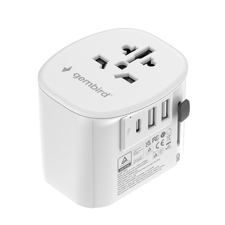 Gembird, adapter podróżny z uziemieniem, 15W, biały