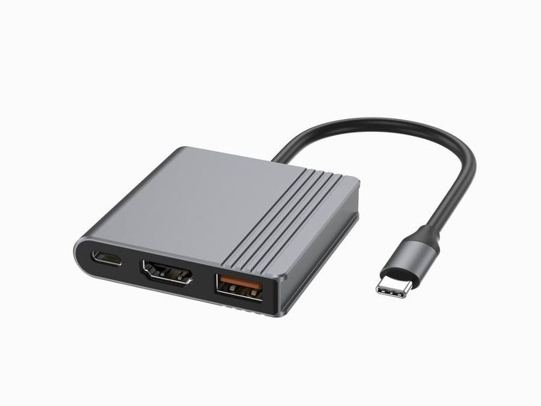 Gembird, adapter wieloportowy, USB-C, 3w1, USB, HDMI, USB-C, szary