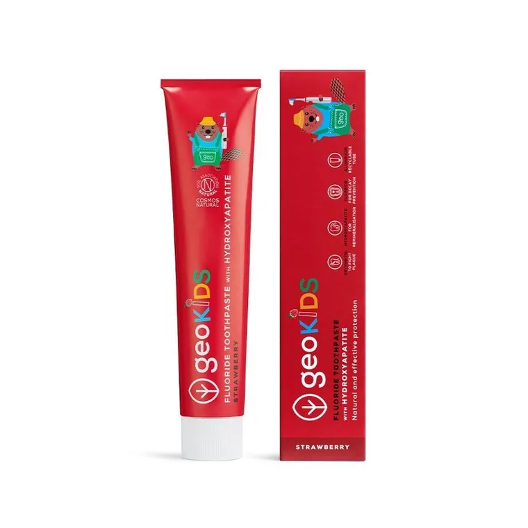 Georganics, GeoKIDS, naturalna pasta do zębów dla dzieci z hydroksyapatytem, na mocne szkliwo, strawberry, 75 ml