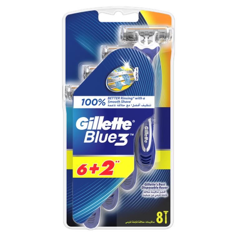 Gillette, Blue3, jednorazowe maszynki do golenia dla mężczyzn, 6+2 szt.