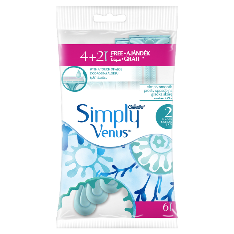 Gillette, Simply Venus 2, maszynki jednorazowe do golenia dla kobiet, 4+2 szt.