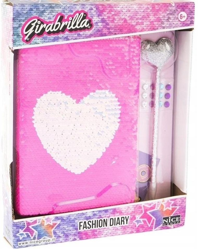 Girabrilla, pamiętnik cekinowy, różowy z sercem