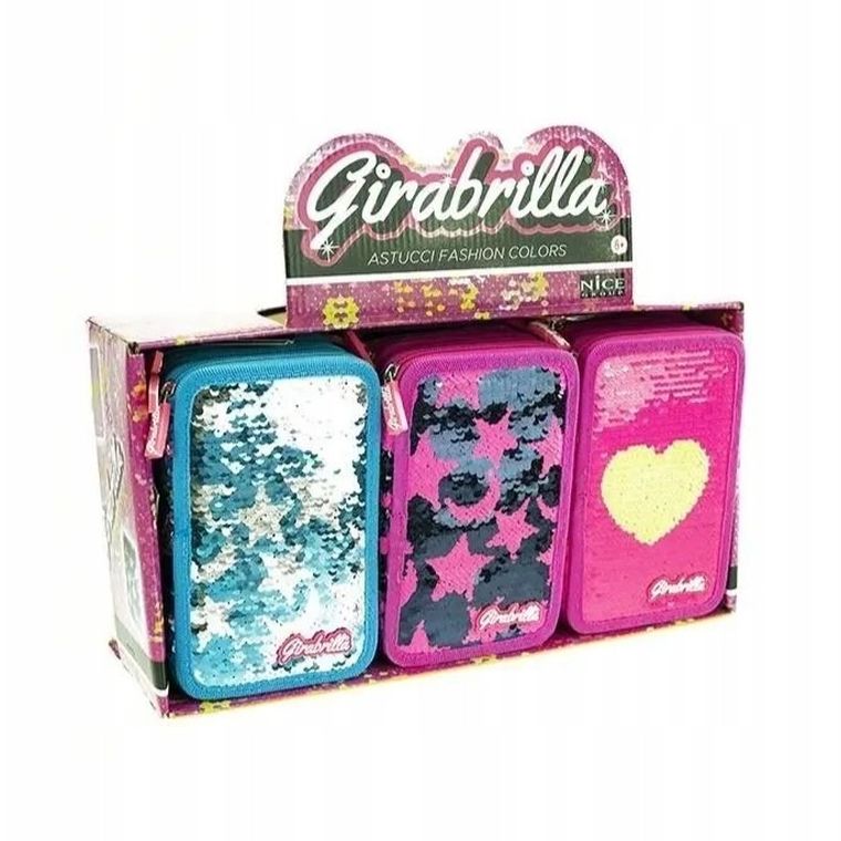 Girabrilla, piórnik rozkładany, potrójny, z wyposażeniem, cekinowy