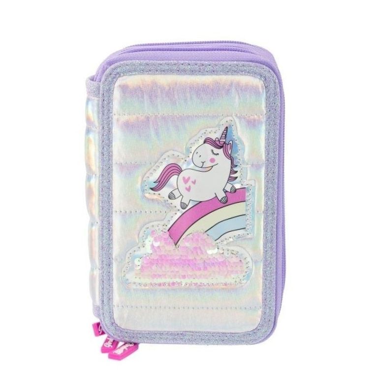 Girabrilla, piórnik rozkładany, potrójny, z wyposażeniem, jednorożec puffy, fiolet