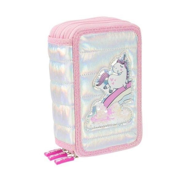 Girabrilla, piórnik rozkładany, potrójny, z wyposażeniem, jednorożec puffy, różowy