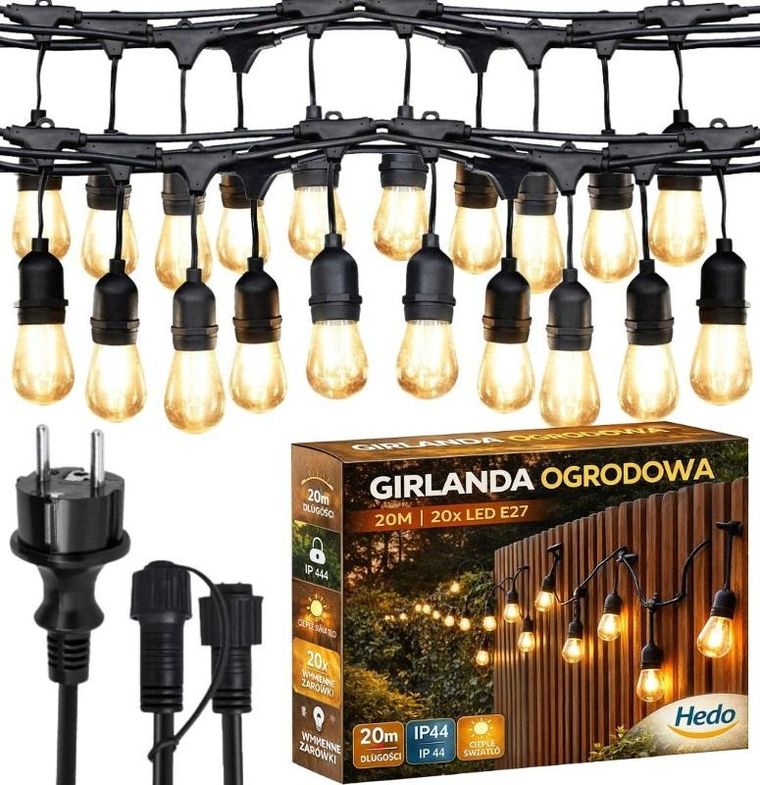 Girlanda ogrodowa świetlna, 20m, 20 żarówek LED, sieciowa, wodoszczelna