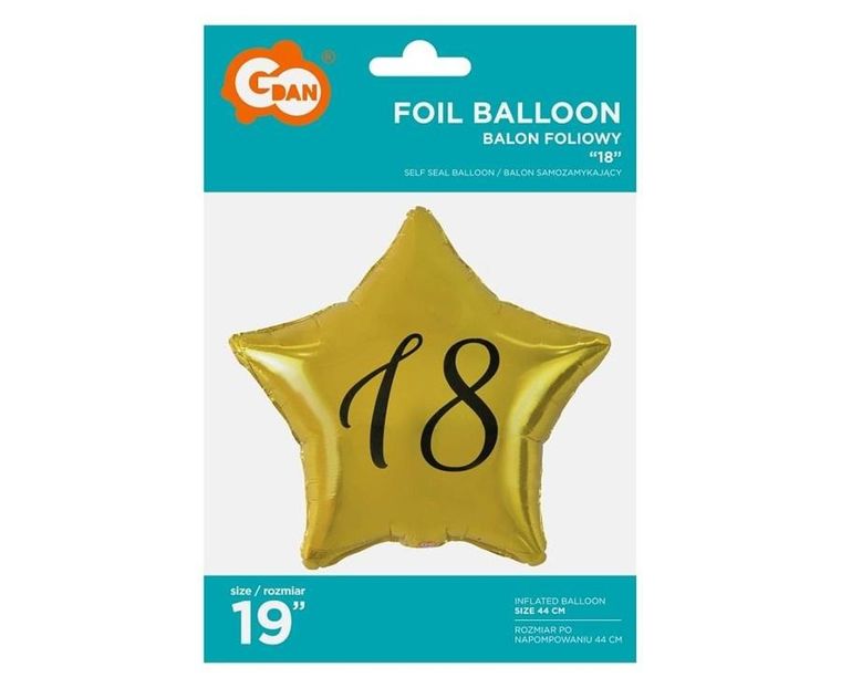 Godan, balon foliowy, 18-stka, gwiazda, złota