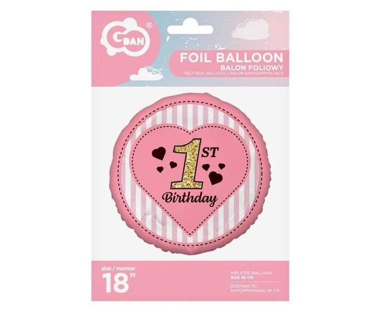 Godan, balon foliowy, 1st Birthday, różowy, 45 cm