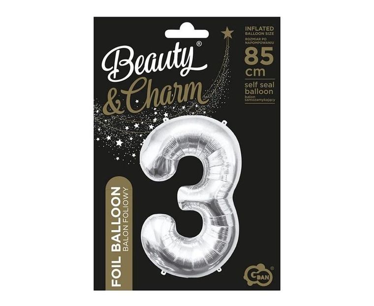 GoDan, balon foliowy B&C, cyfra 3, srebrna, 85 cm