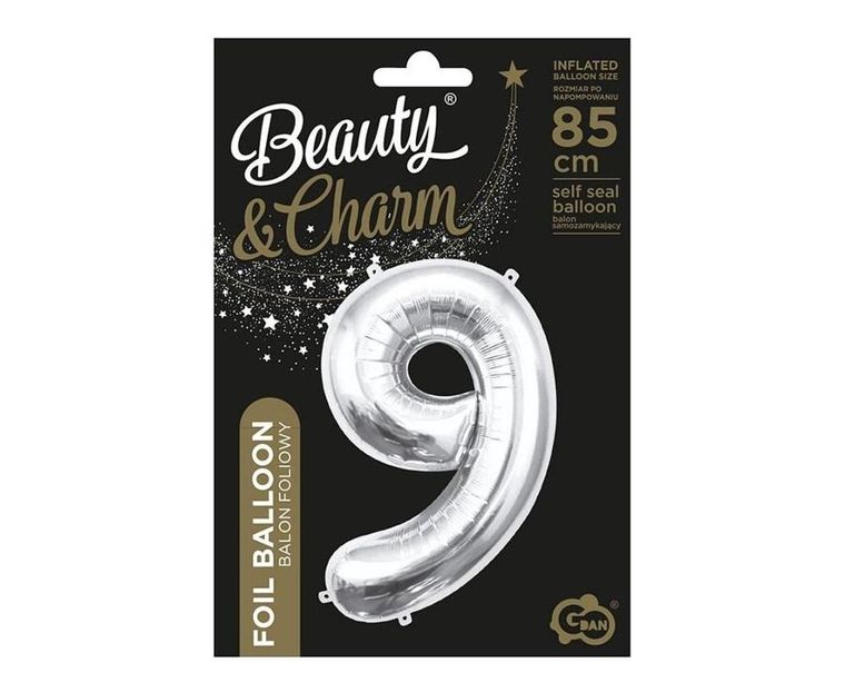 GoDan, balon foliowy B&C, cyfra 9, srebrna, 85 cm