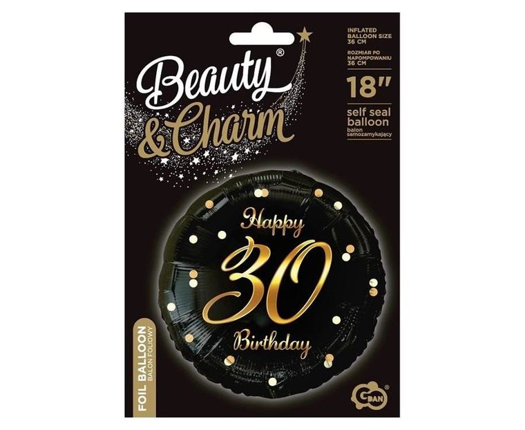 Godan, balon foliowy B&C, Happy, 30 Birthday czarno-złoty
