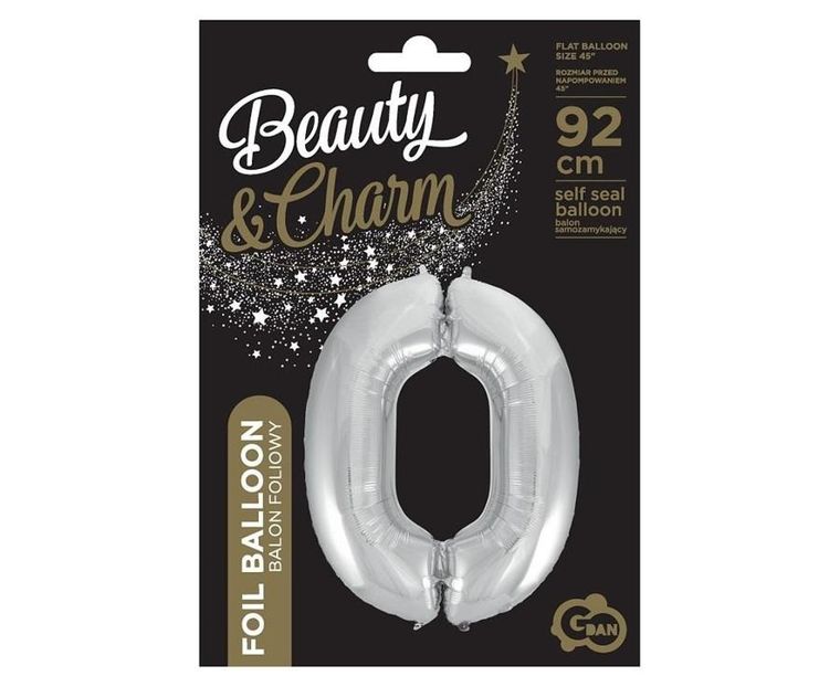 Godan, balon foliowy cyfra 0 Beauty&Charm, srebrna, 92 cm