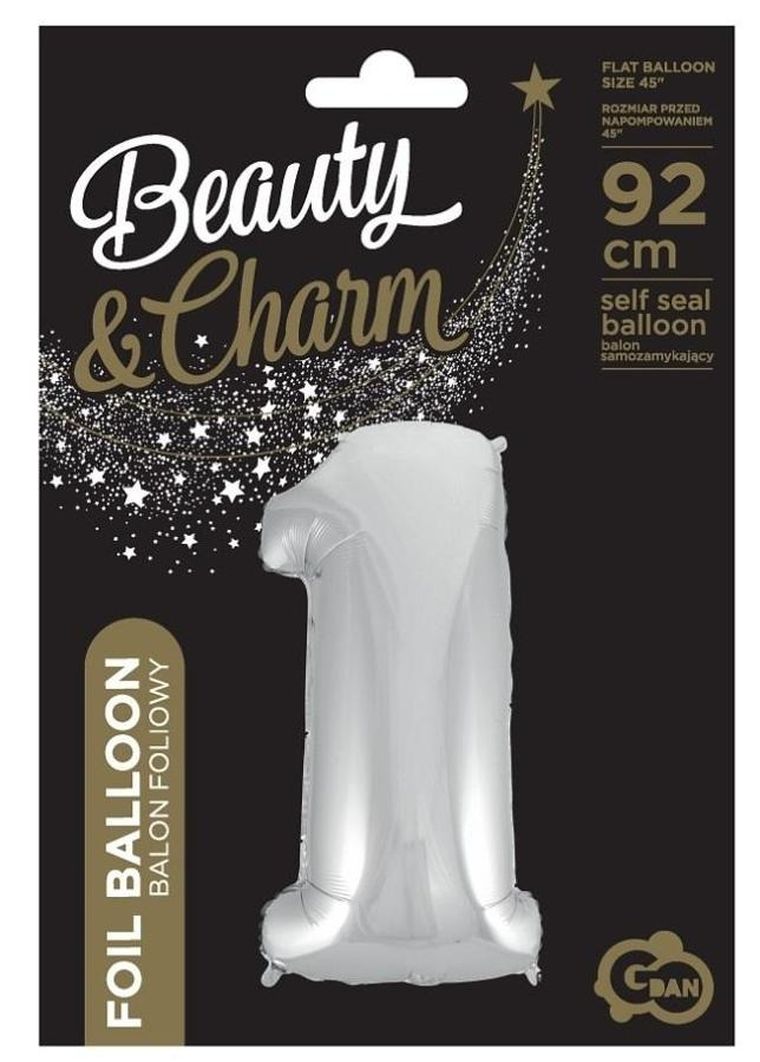 Godan, balon foliowy cyfra 1 Beauty&Charm, srebrna, 92 cm
