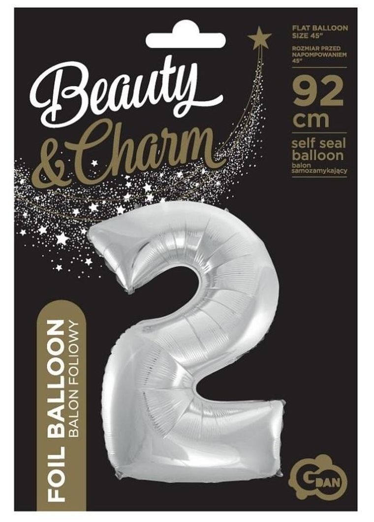 Godan, balon foliowy cyfra 2 Beauty&Charm, srebrna, 92 cm