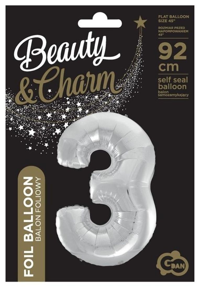 Godan, balon foliowy cyfra 3 Beauty&Charm, srebrna, 92 cm