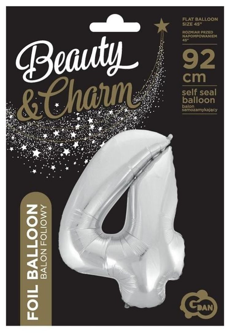 Godan, balon foliowy cyfra 4 Beauty&Charm, srebrna, 92 cm