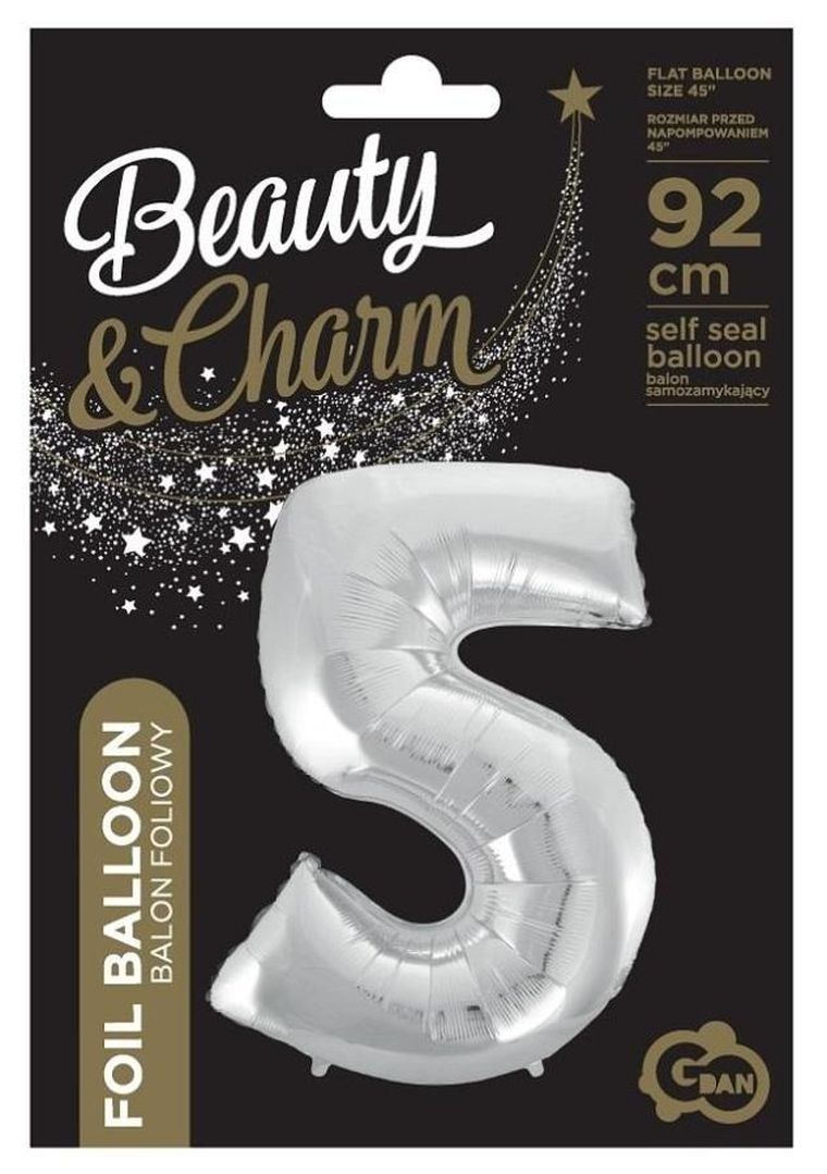 Godan, balon foliowy cyfra 5 Beauty&Charm, srebrna, 92 cm