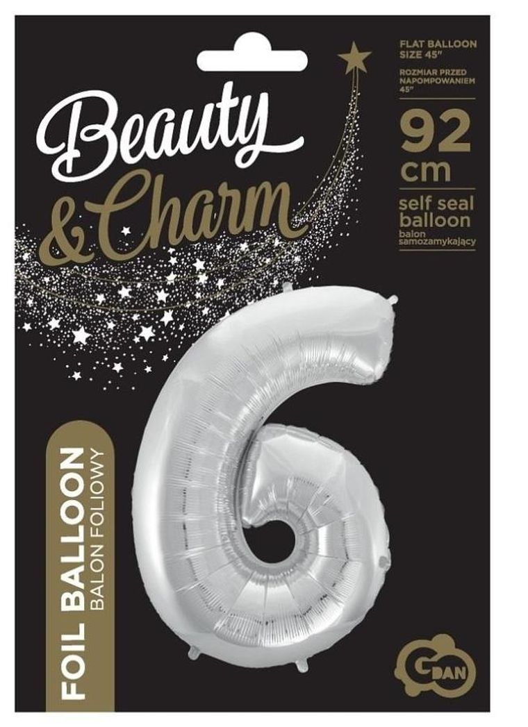 Godan, balon foliowy cyfra 6 Beauty&Charm, srebrna, 92 cm