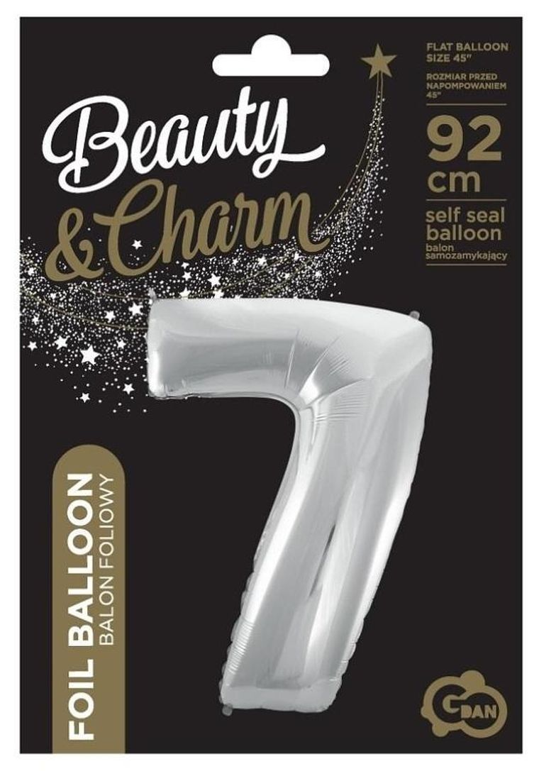 Godan, balon foliowy cyfra 7 Beauty&Charm, srebrna, 92 cm