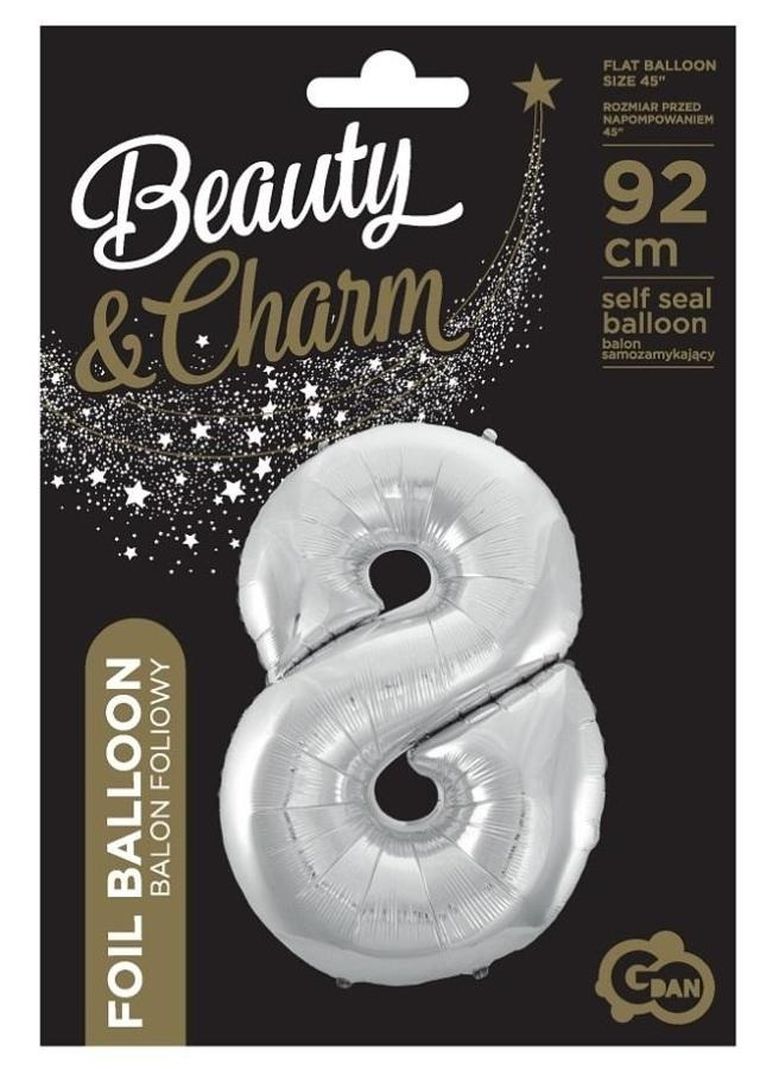 Godan, balon foliowy cyfra 8 Beauty&Charm, srebrna, 92 cm