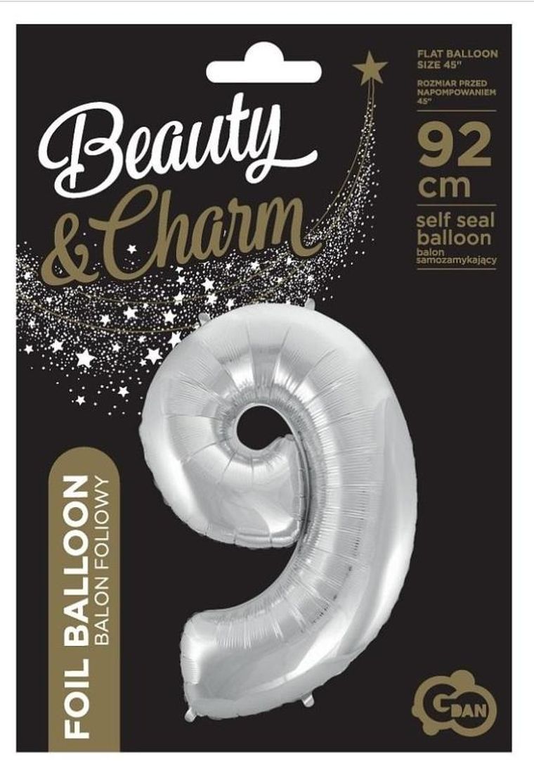 Godan, balon foliowy cyfra 9, Beauty&Charm, srebrna, 92 cm