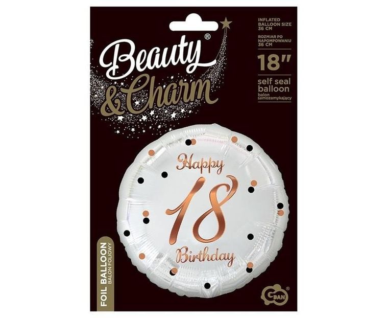 Godan, balon foliowy, liczba 18, Happy, 18 Birthday, biały, nadruk różowo-złoty